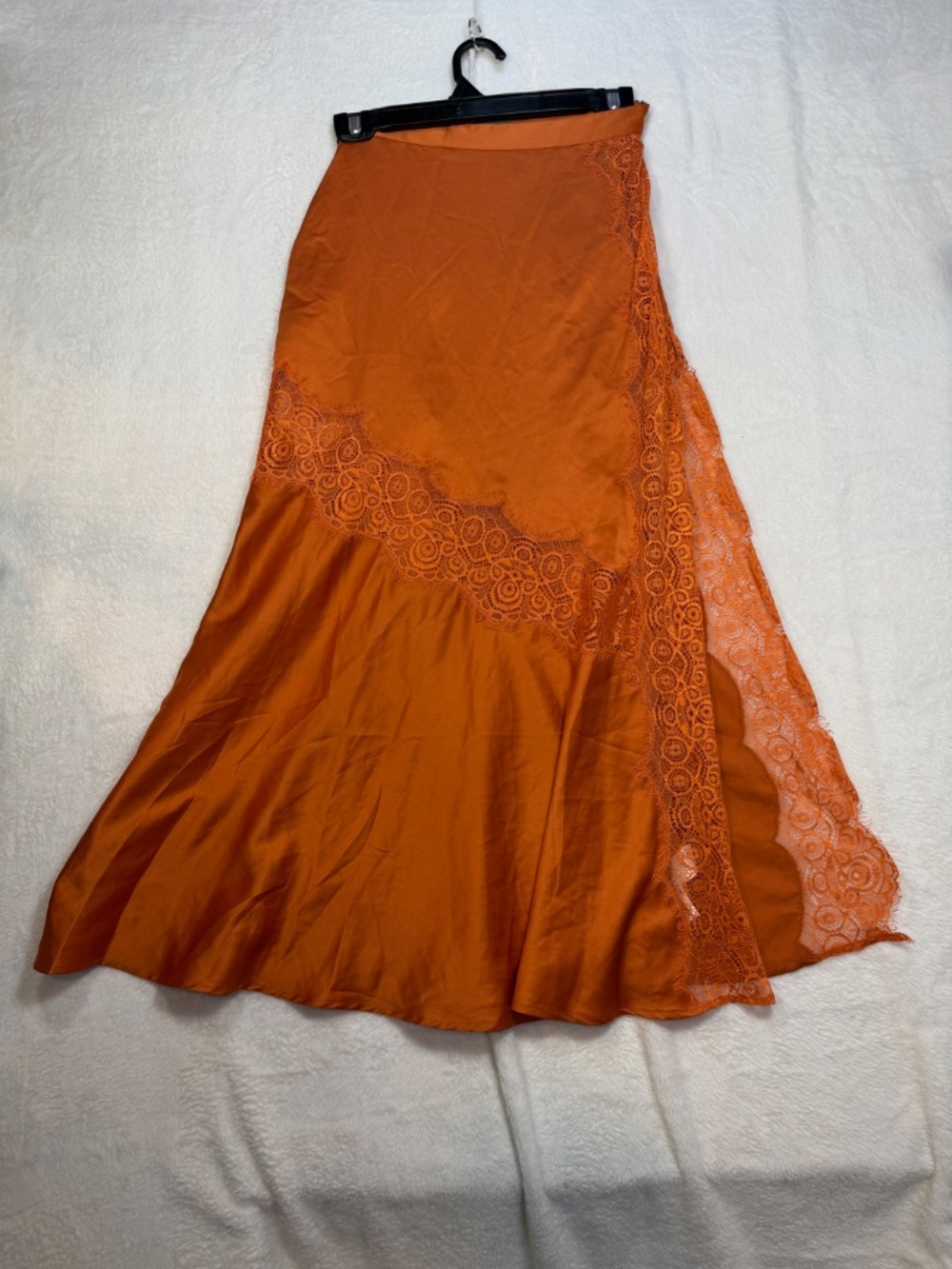 Asos Midi Skirt Womens Size 0 Orange Satin Lace Boho Witchy Goddess Fairy - Picture 8 of 8